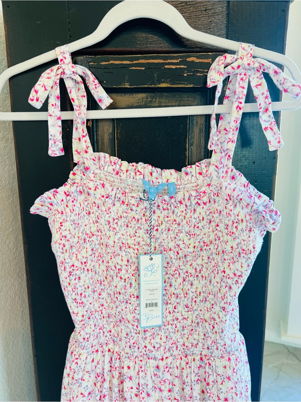 Draper James Pink Floral Tie-Shoulder Smocked Dress NWT